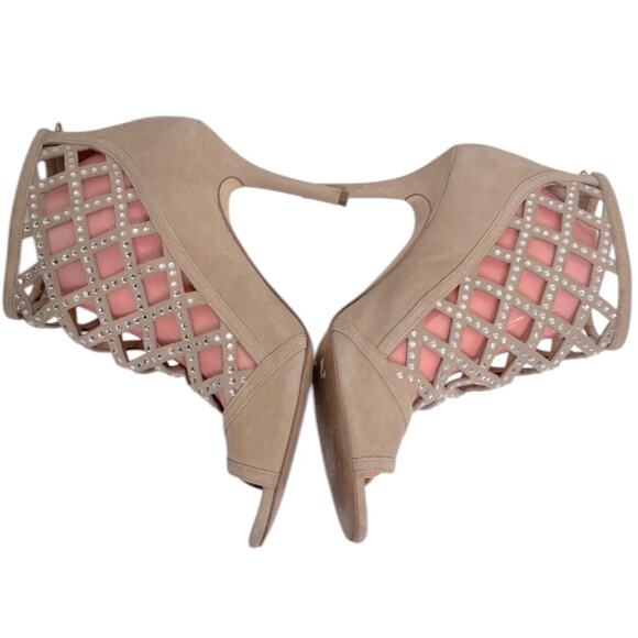 Michael Kors Yvonne Size 8.5M Yvonne Peep Toe Beige Bedazzled Zip Up High Heels - Picture 4 of 9